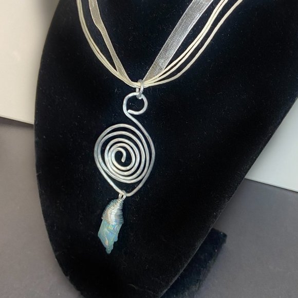 Hammered Stainless Steel Wire Pendant w/ Wrapped Blue Dyed Quartz Stone - Picture 6 of 12